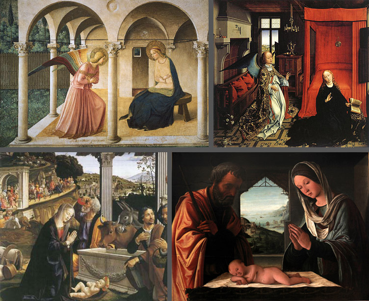 Clockwise from top left: Fra Angelico, The Annunciation. Fresco, 1438-35. Museo di San Marco, Florence. Rogier van der Weyden, Annunciation Triptych (detail). Oil on panel, 1434. The Louvre, Paris. Lorenzo Costa, Nativity. Painting, circa 1490. Museum of Fine Arts of Lyon. Domenico Ghirlandaio, Nativity and Adoration of the Shepherds. Tempera and oil on panel, 1485. Santa Trinità, Florence. 