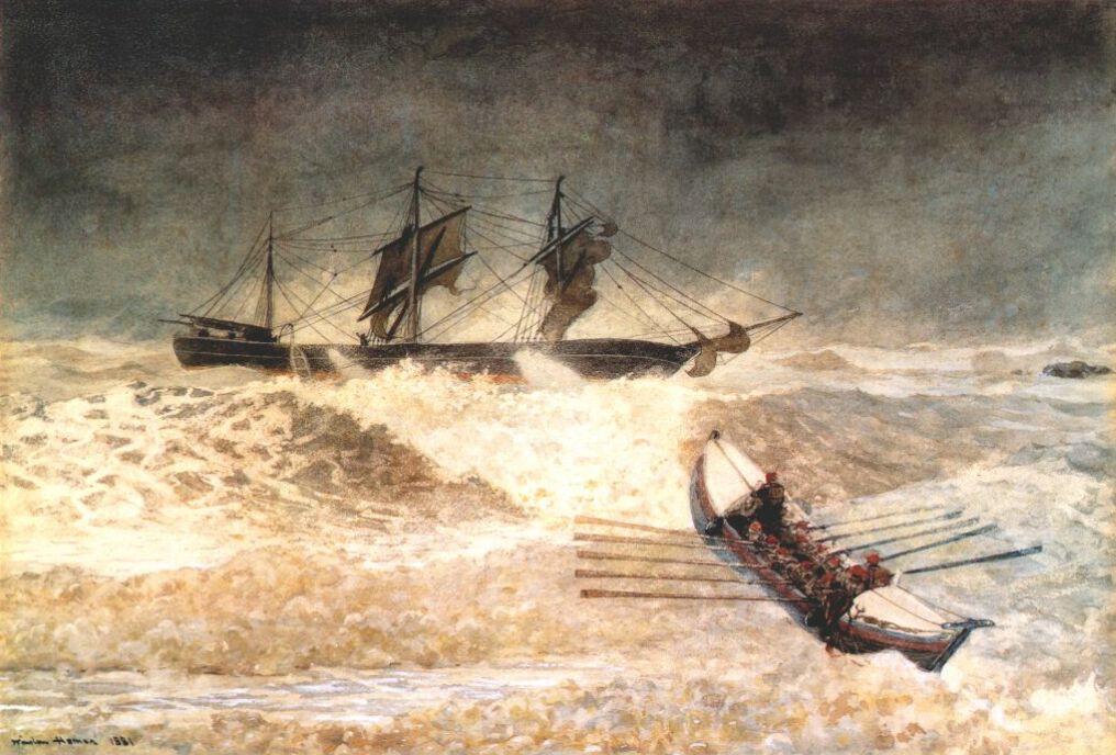 Winslow Homer, Wreck of the Iron Crown. Transparent and opaque watercolor over graphite and charcoal, 1881. Carleton Mitchell and Ruth Mitchell Collection, on extended loan to the Baltimore Museum of Art.
