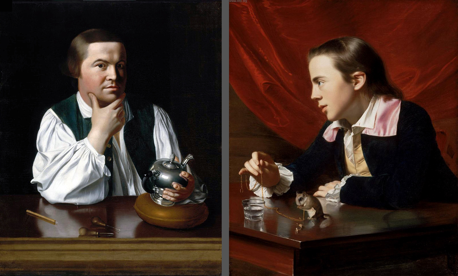 From left:John Singleton Copley, Paul Revere. Oil on canvas, 1768. Museum of Fine Arts, Boston. 30.781John Singleton Copley, A Boy with a Flying Squirrel (Henry Pelham). Oil on canvas, 1765. Museum of Fine Arts, Boston. 1978.297