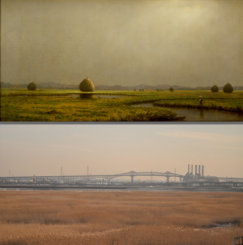 Martin Johnson Heade, Jersey Meadows with a Fisherman. Oil on canvas, 1877. Newark Museum, Purchase 1946 Sophronia Anderson Bequest Fund, 46.156. Meadowlands in New Jersey today (photograph by flickr user 9brandon) 