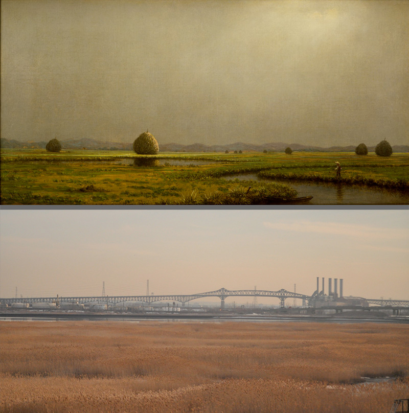 Martin Johnson Heade, Jersey Meadows with a Fisherman. Oil on canvas, 1877. Newark Museum, Purchase 1946 Sophronia Anderson Bequest Fund, 46.156. Meadowlands in New Jersey today (photograph by flickr user 9brandon) 